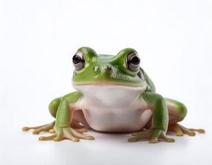 Fototapeta premium A small, green frog sitting calmly on a white background