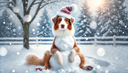 A whimsical winter scene featuring a dog playing outside in the snow