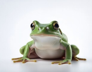 Obraz premium A small, green frog sitting calmly on a white background