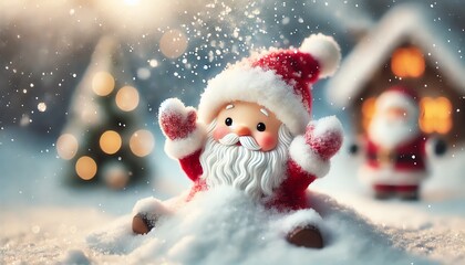 A whimsical winter scene featuring Santa Claus playing outside in the snow
