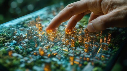 A person uses a holographic interface to explore and manage urban sustainability, highlighting innovations in city planning and resource management.