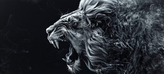 A fierce lion roaring against a dark background, showcasing its powerful presence and majesty in the wild