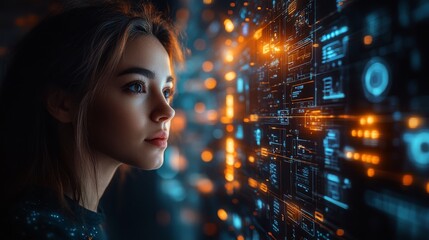 A person interacts with a holographic interface, focusing on vibrant data displays in a dark environment, showcasing advanced technology.