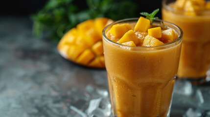 Organic mango juicy tropical fruit smoothies shake in glasses drink for refreshment freshness breakfast, yellow ingredient beverage for sweet summer milkshake diet dessert vitamin detox healthy eating