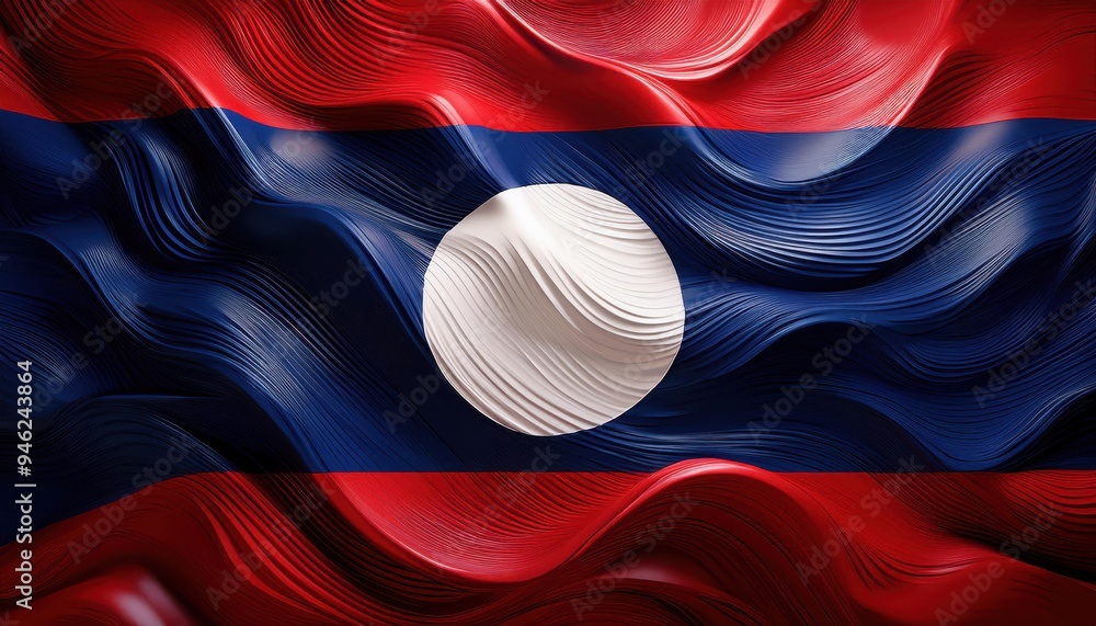 Poster a close-up of the waving flag of laos, with a focus on the central white disk. the flag is rendered 