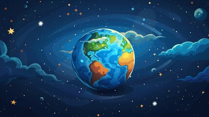 Fototapeta premium Earth flat design, top view, planetary theme, cartoon drawing, colored pastel