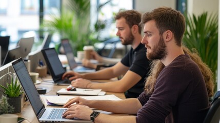 Busy Workspace with Colleagues on Laptops, Coffee Cups, Documents Scattered, Productive Team Environment