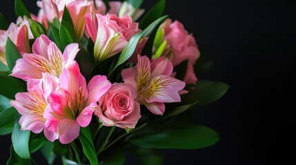 Fototapeta premium A bouquet of pink flowers and green leaves, arranged in a vase, adding a touch of elegance to any room.