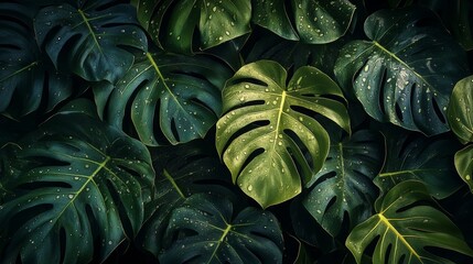 Moody Tropical Leaves. Lush Greens with Dewy Water Droplets