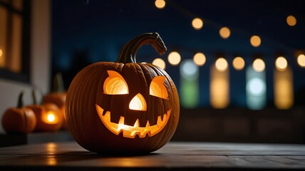Pumpkin lanterns with blurred backgrounds at night on the house terrace