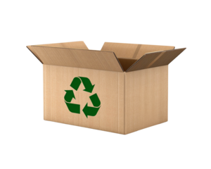 Open cardboard box with a green recycling symbol, PNG