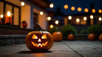 Fototapeta premium Pumpkin lanterns with blurred backgrounds at night on the house terrace