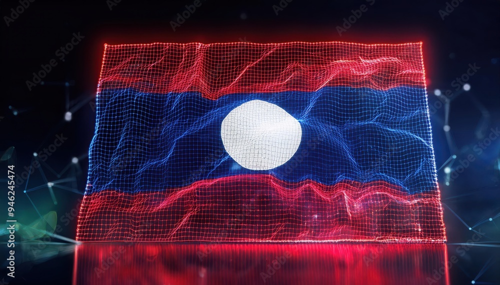 Poster a digital abstract representation of the laotian flag with flowing lines and a glowing effect.