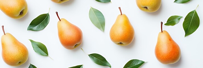 Obraz premium A visually appealing arrangement of pears and leaves on a white background.