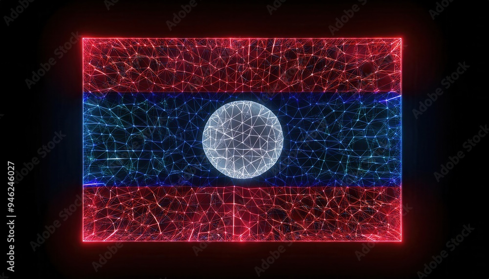 Poster a digital rendering of the laotian flag, composed of glowing lines and particles. the flag is displa