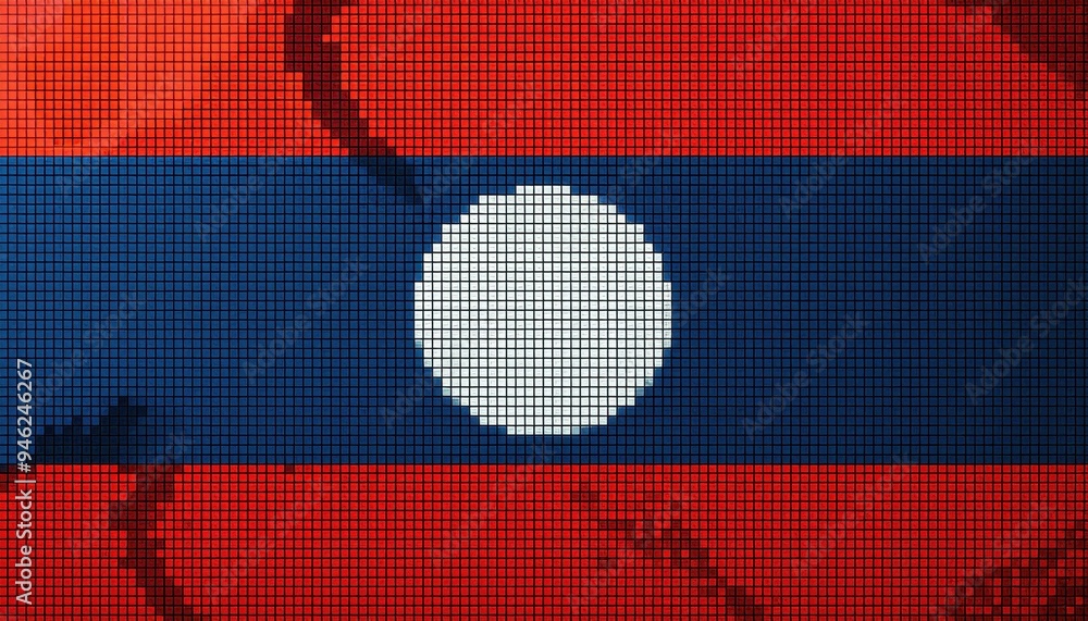 Poster a digital rendering of the laotian flag with a textured, pixelated design.