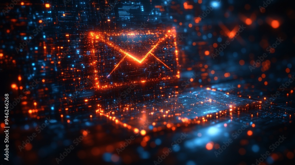 Poster a vibrant holographic interface displays an envelope symbol, representing digital communication mana