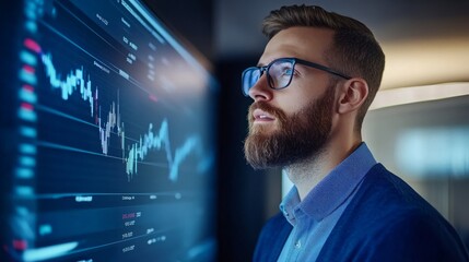 Fototapeta premium Financial Experts Discuss Strategies on Market Trends, Wall-Mounted Display, Capitalizing on Opportunities, Trading Office