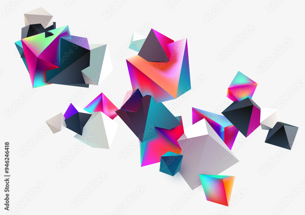 Aufkleber colored 3d pyramids. abstract background of flying iridescent geometric shapes.