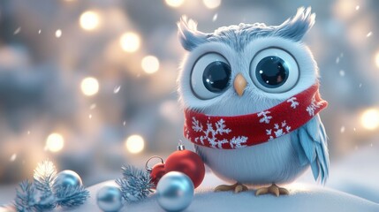 Cute white owl, winter aesthetic , Christmas elements and bokeh effects 3d rendering cartoon style. Copy space.