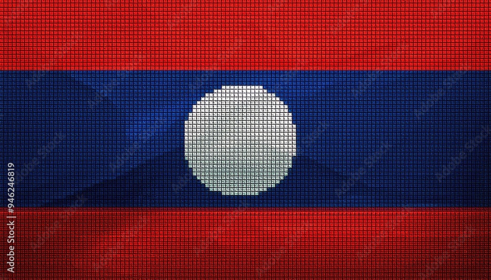 Poster a digitally rendered image of the laotian flag. the flag is textured to look like fabric. the colors