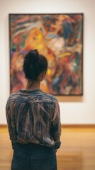 A visitor admires an abstract artwork displayed in a bright, contemporary art gallery