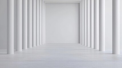 Abstract depiction of broken columns in a stark, empty space, black and white with red accent, modern art