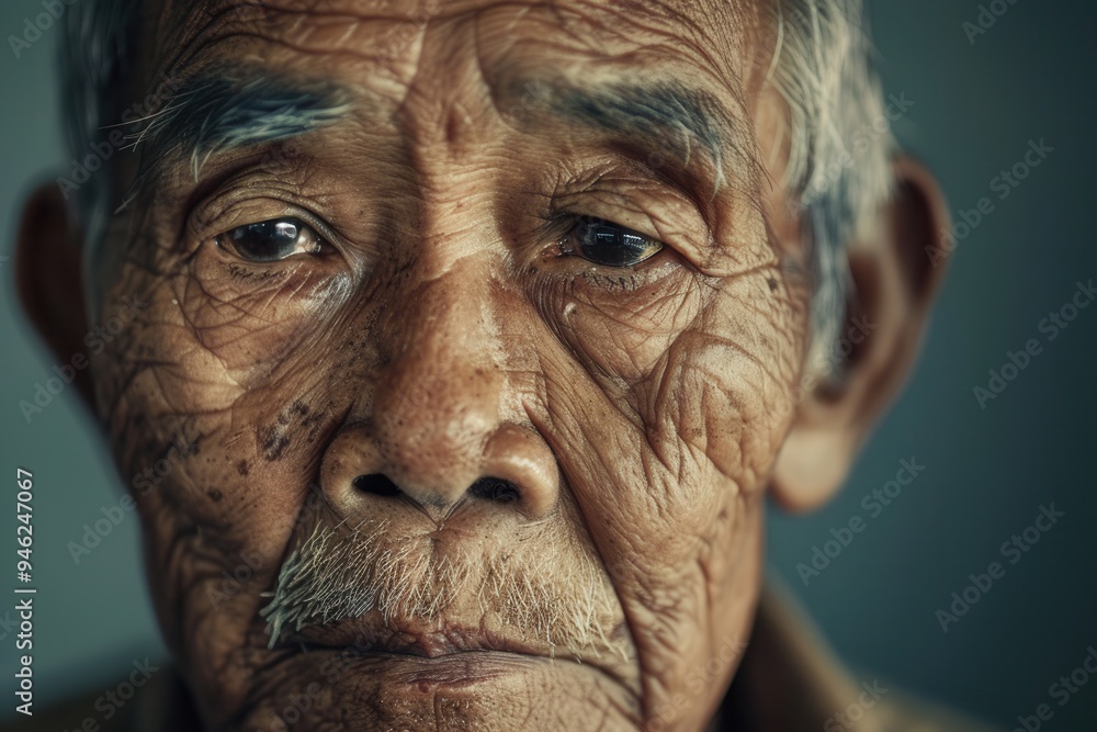 Poster a close-up portrait captures the essence of an elderly man from various cultural backgrounds, reflec