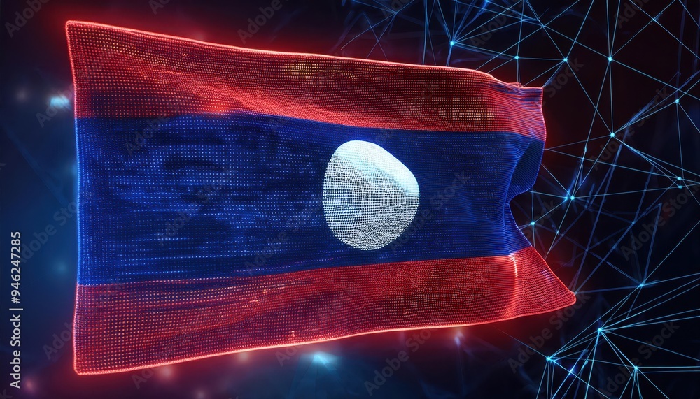 Poster a digitally rendered waving flag of laos with a glowing outline and a connected network background.