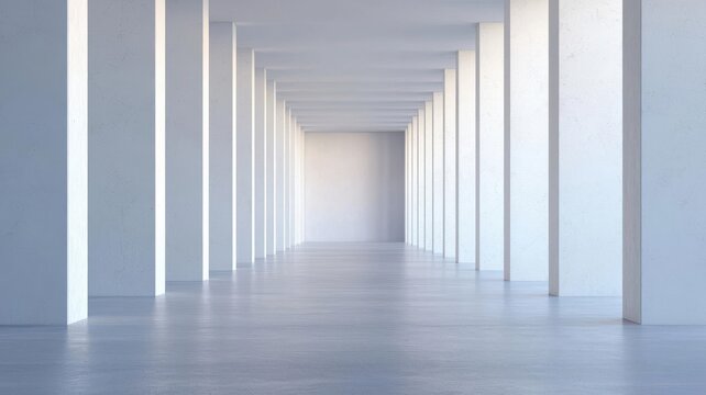 Abstract depiction of broken columns in a stark, empty space, black and white with red accent, modern art