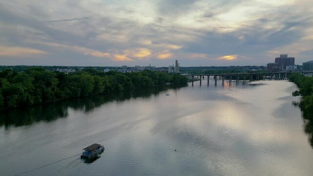 Sunset Aerial Drone Video over Richmond Virginia, RVA, Boats over James River