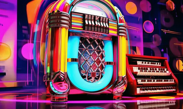 Neon Nights, Retro Beats: A vibrant jukebox, glowing under neon lights, sets the stage for a night of classic tunes and nostalgic vibes. 