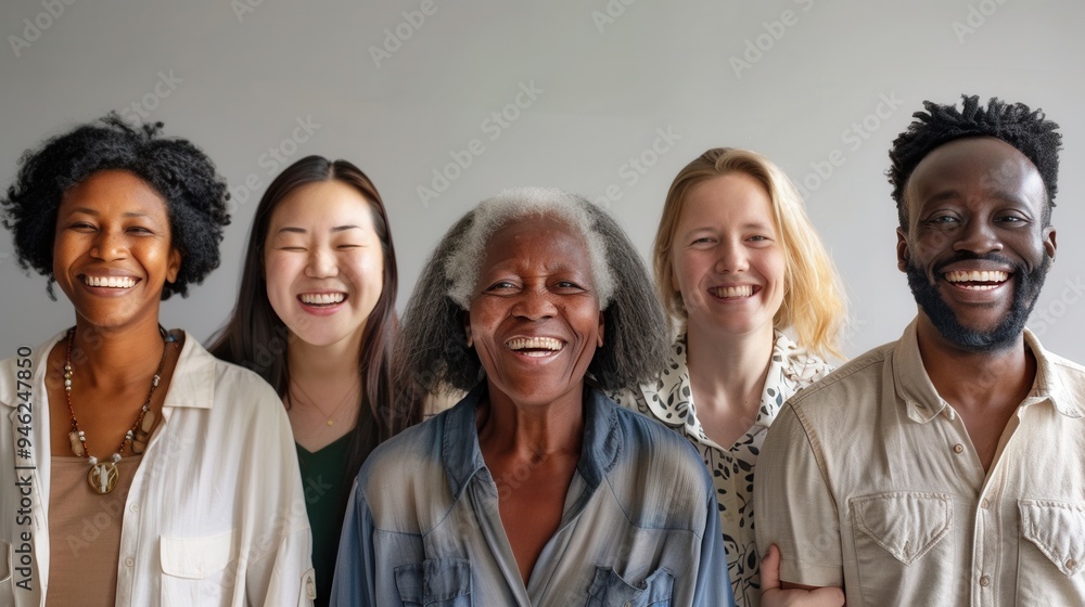Aufkleber a cheerful group of five individuals from different backgrounds stands together, sharing smiles in a