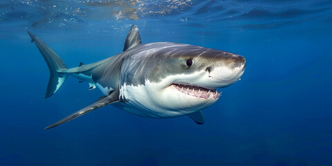 Fototapeta premium A great white shark swims gracefully in clear blue waters during a sunny day near coastal reefs