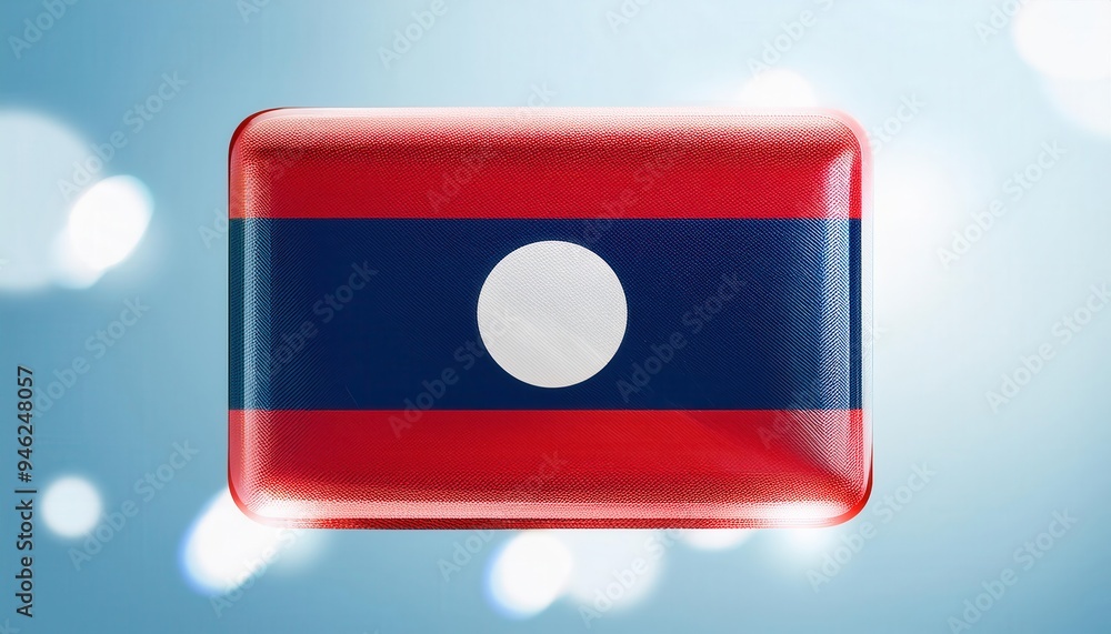 Poster a glossy, three-dimensional rendering of the laotian flag against a soft blue bokeh background.