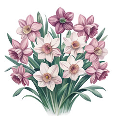Watercolor Illustration of Pink and White Daffodils with Delicate Petals