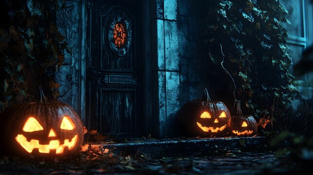 Close-up of a haunted house entrance with overgrown ivy and jack-o-lanterns flickering eerily in the dark