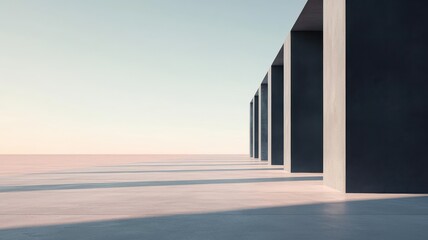 Black columns casting long shadows in a minimalist desert, subtle textures, clean and modern lines