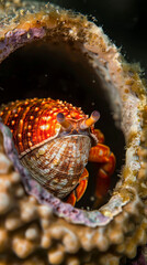 Colorful hermit crab emerging from its shell in a vibrant underwater environment during daylight hours