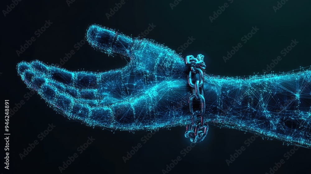 Poster a digital hand with a chain wrapped around its wrist, symbolizing the constraints of technology.