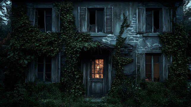 A decrepit house with overgrown ivy and eerie lighting highlighting the cracked walls and broken shutters