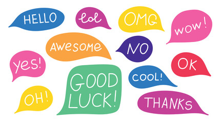 Set of colorful speech bubbles with phrases, simple flat vector illustration, design elements isolated on white background
