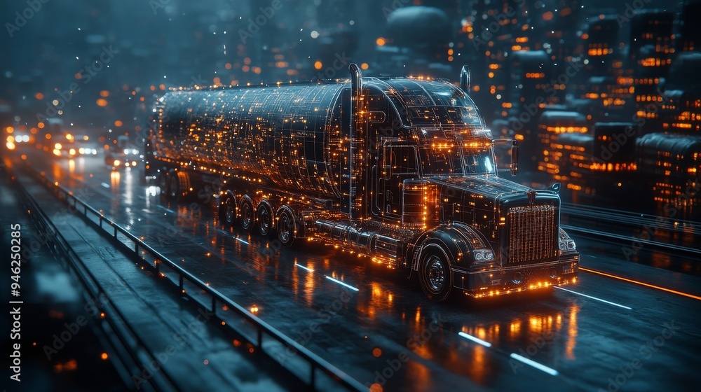 Poster a holographic interface displays data for controlling glowing trucks navigating a wet urban highway 
