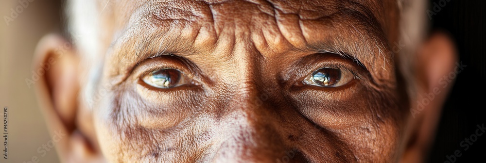 Poster an elderly man with deep lines on his face and wise eyes sits peacefully, embodying calmness and a w