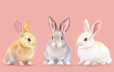 Fototapeta premium Rabbits flat design side view woodland theme animation colored pastel