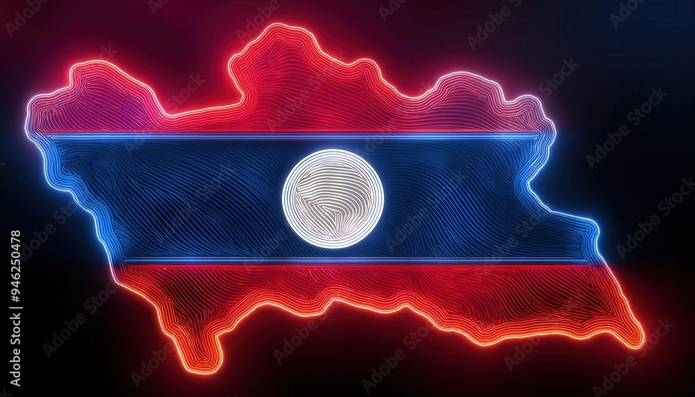 Poster a glowing outline of laos with the flag colors and symbol. a digitally rendered image with a dark ba