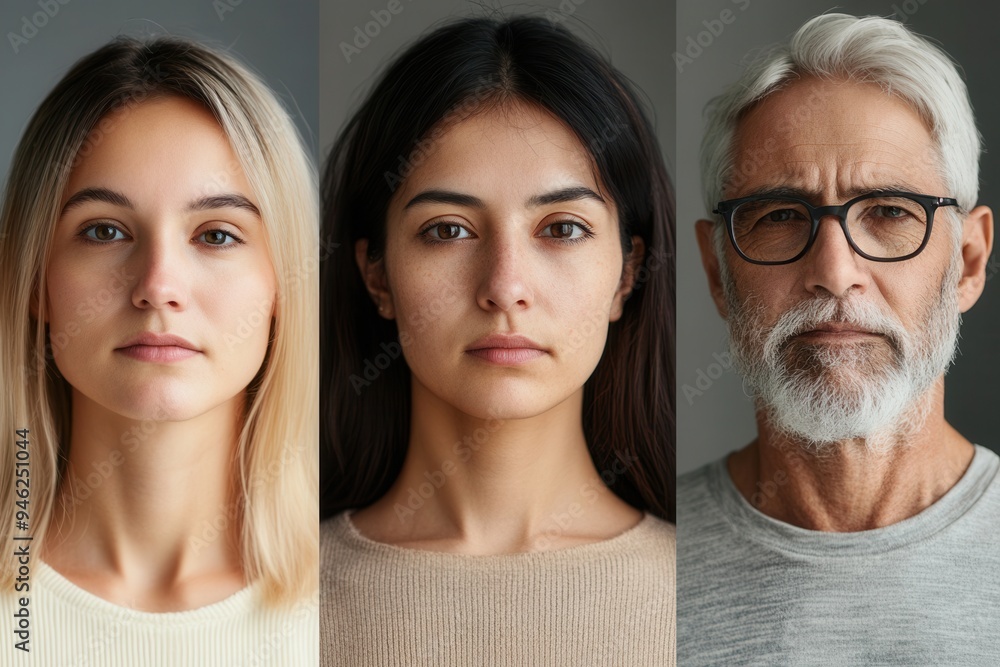 Fototapete Three individuals with distinct features stand side by side against simple backgrounds, each displaying calm and introspective expressions in soft lighting. Generative AI
