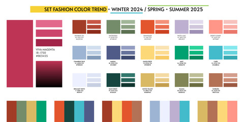 New Fresh Fashion color trend Winter 2024 Spring 2025. Color palette forecast of the future color trend. Stock vector palette of shades