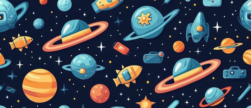 Colorful 8-bit alien invaders pattern featuring retro arcade game elements and vibrant space motifs