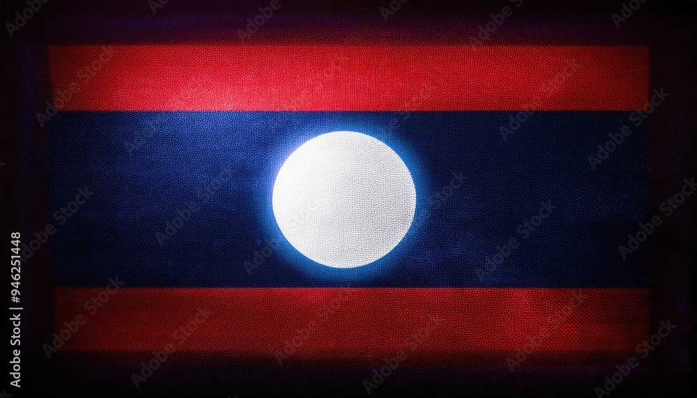 Poster a grunge-style depiction of the laotian flag. the flag is rendered in a distressed, textured style w